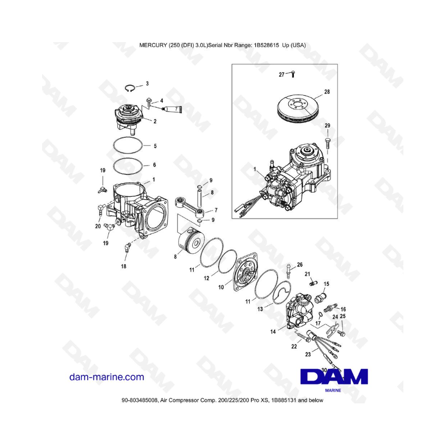 Mercury 250 DFI 3.0L - Compresor de aire Comp. 200/225/200 Pro XS, 1B885131 y menos