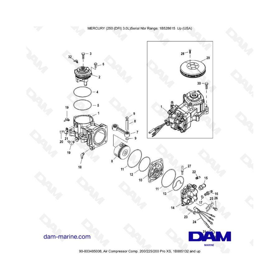 Mercury 250 DFI 3.0L - Compresor de aire Comp. 200/225/200 Pro XS, 1B885132 y más