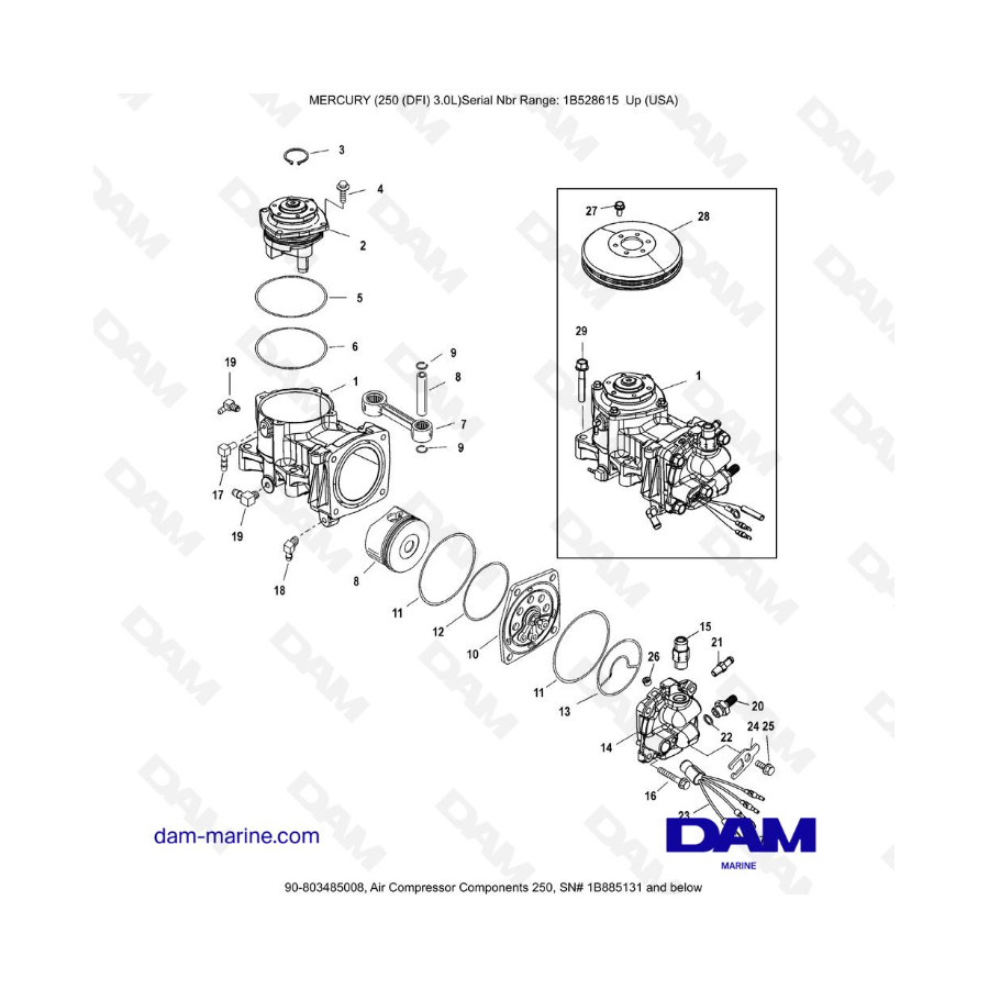 Mercury 250 DFI 3.0L  - Air Compressor Components 250, 1B885131 and below