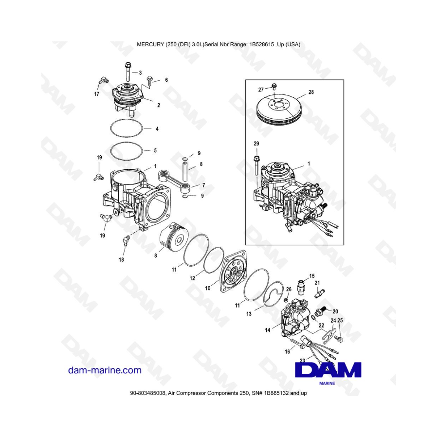 Mercury 250 DFI 3.0L - Componentes del compresor de aire 250, 1B885132 y más