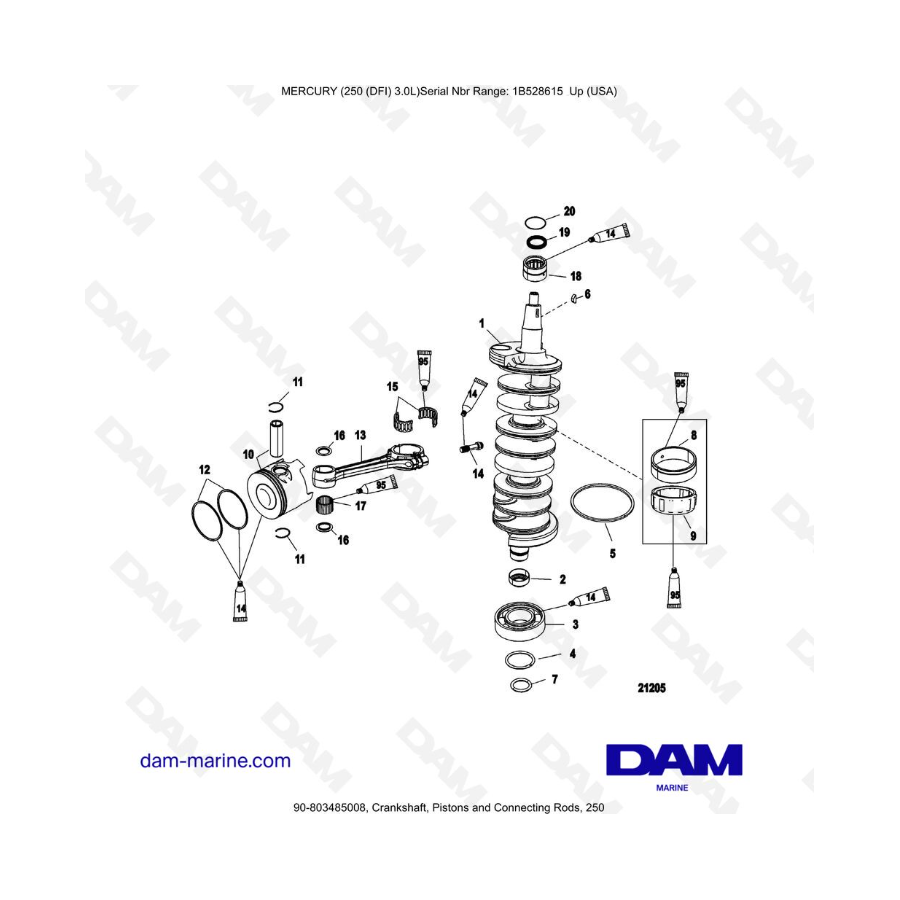 Mercury 250 DFI 3.0L - Cigüeñal, Pistones y Bielas, 250