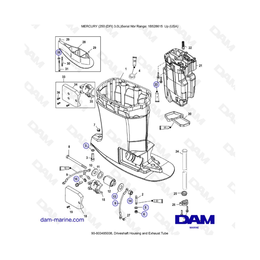 Mercury 250 DFI 3.0L - Caja del eje de transmisión y tubo de escape