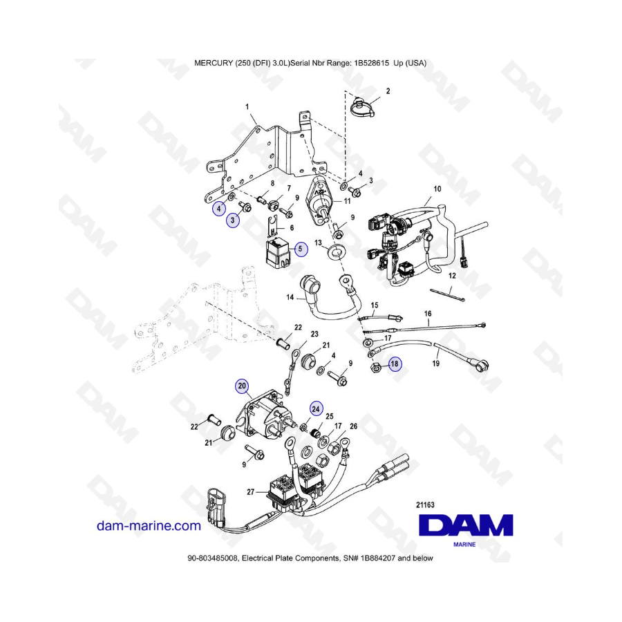 Mercury 250 DFI 3.0L - Componentes de placa eléctrica, 1B884207 y menos