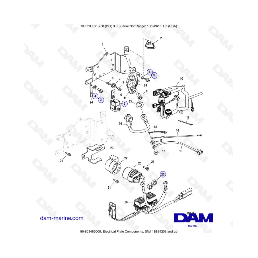 Mercury 250 DFI 3.0L - Componentes de placa eléctrica, 1B884208 y más