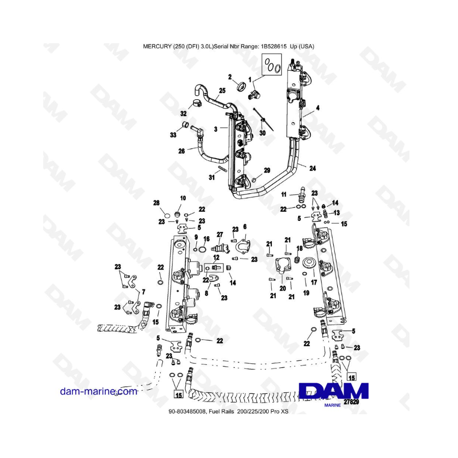 Mercury 250 DFI 3.0L - Fuel Rails 200/225/200 Pro XS