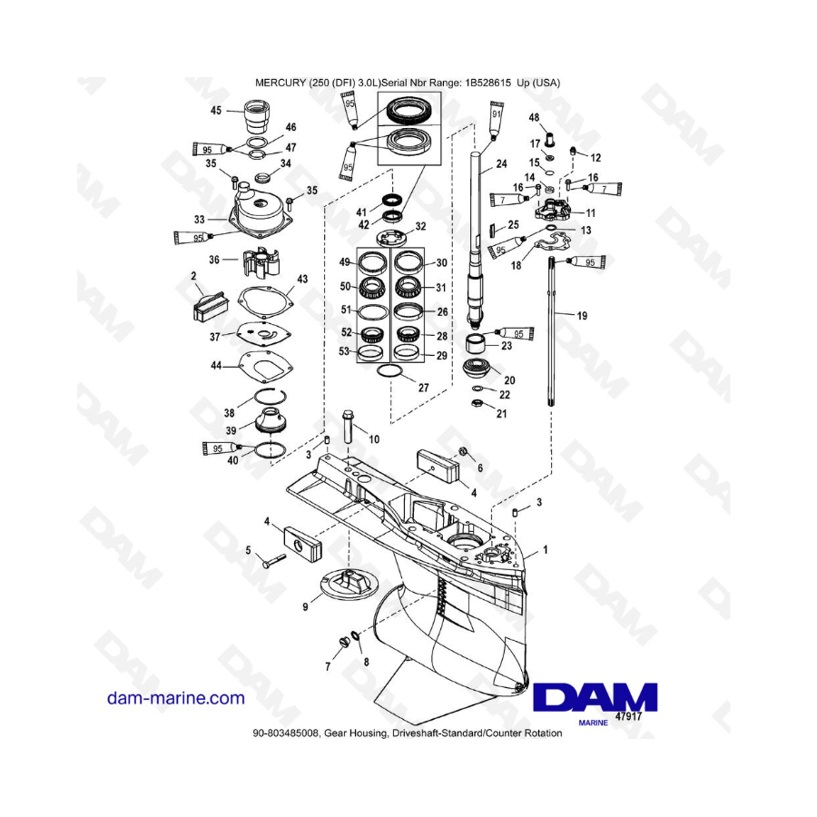 Mercury 250 DFI 3.0L - Caja de engranajes, eje de transmisión estándar/contrarrotación