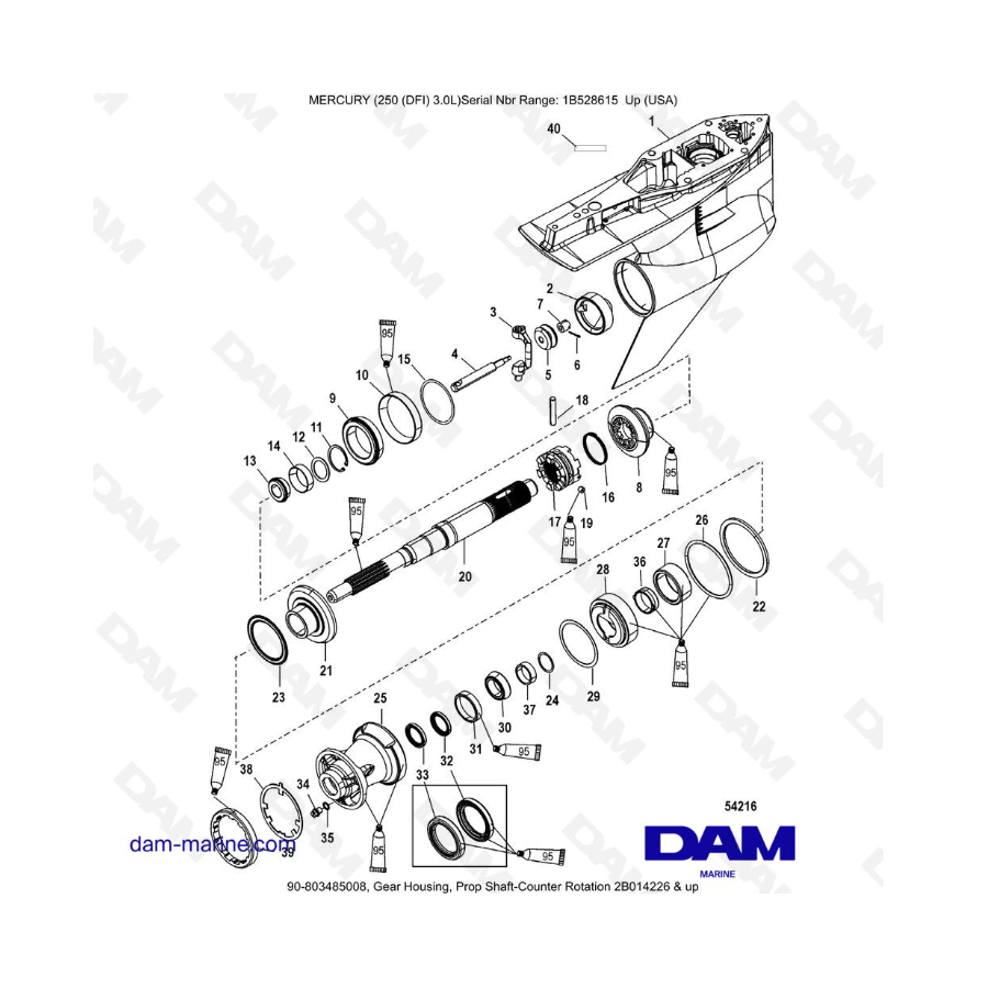 Mercury 250 DFI 3.0L - Caja de engranajes, contrarrotación del eje de propulsión 2B014226 y más