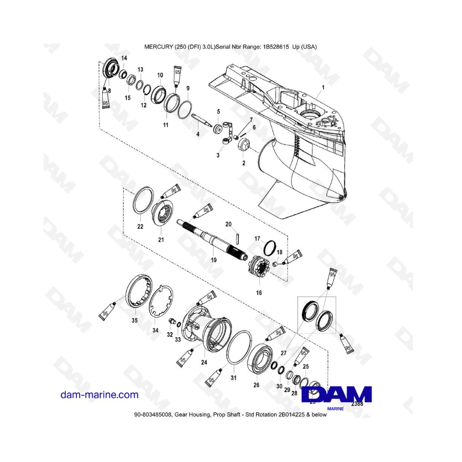 Mercury 250 DFI 3.0L - Caja de engranajes, eje de propulsión - Rotación estándar 2B014225 y más abajo