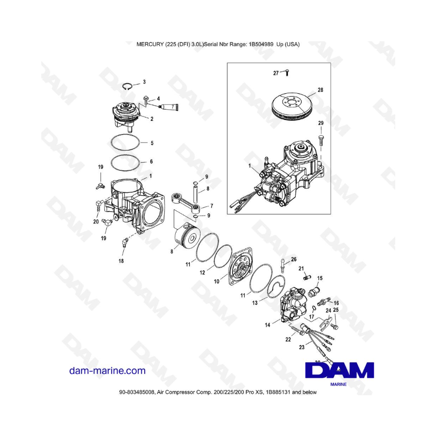 Mercury 225 DFI 3.0L - Compresor de aire Comp. 200/225/200 Pro XS, 1B885131 y menos