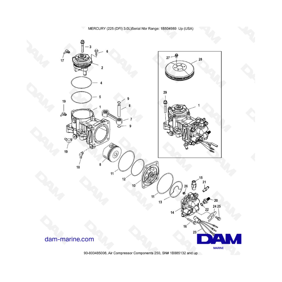 Mercury 225 DFI 3.0L - Componentes del compresor de aire 250, 1B885132 y más