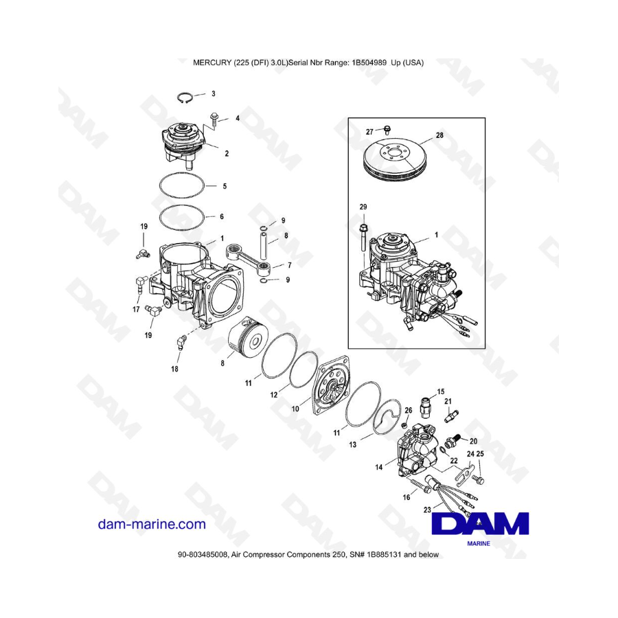 Mercury 225 DFI 3.0L - Air Compressor Components 250, 1B885131 and below