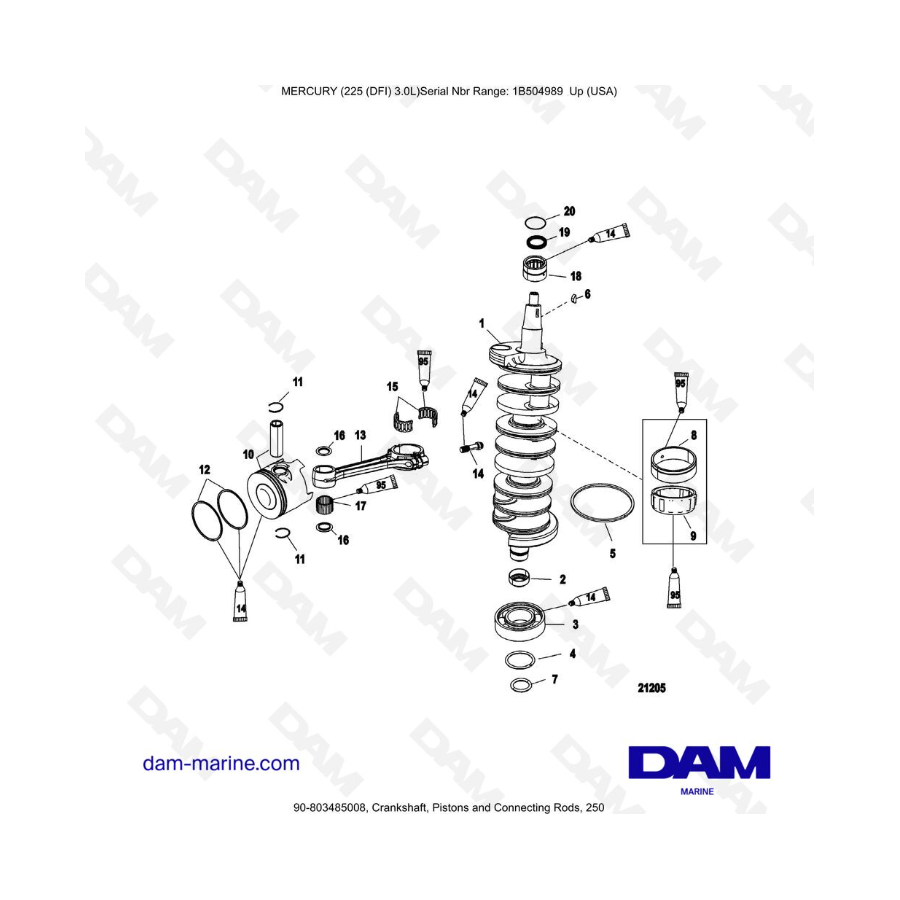 Mercury 225 DFI 3.0L - Cigüeñal, Pistones y Bielas, 250