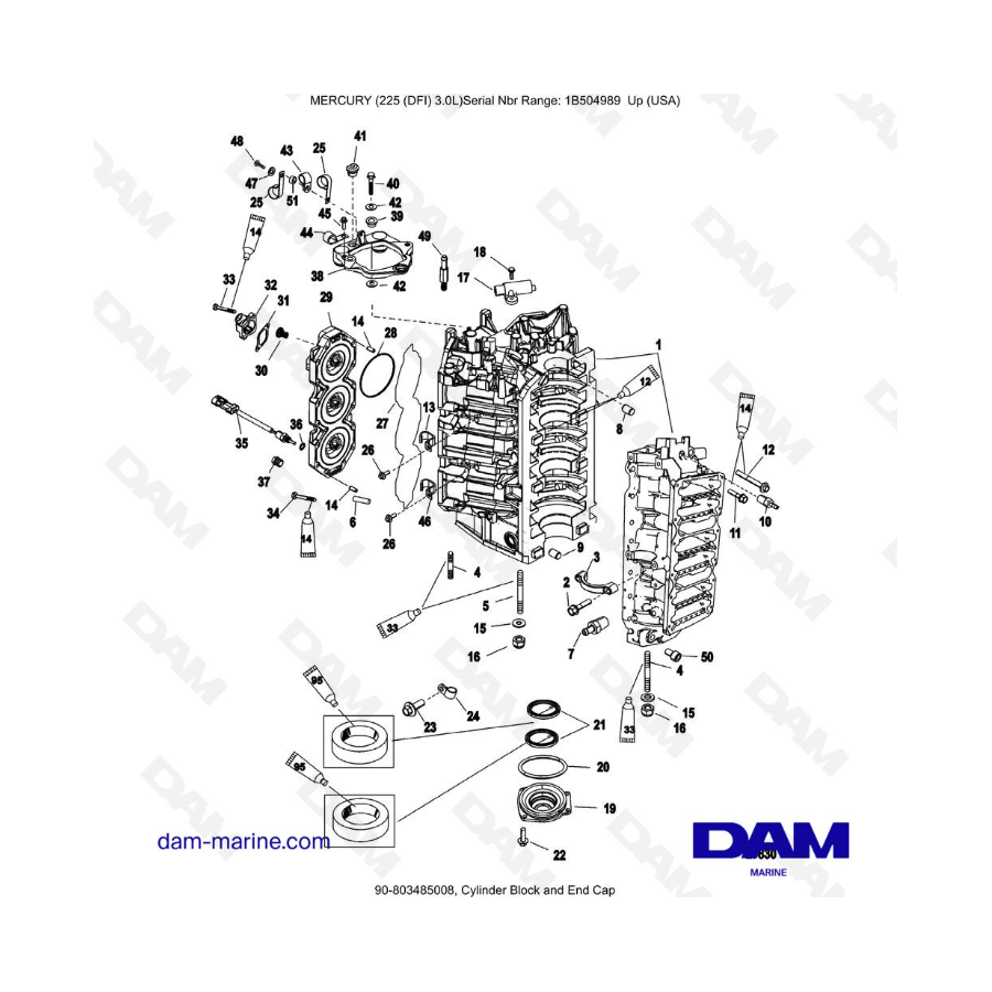 Mercury 225 DFI 3.0L - Bloque de cilindros y tapa final