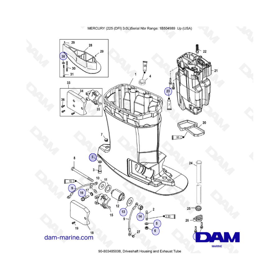 Mercury 225 DFI 3.0L - Caja del eje de transmisión y tubo de escape