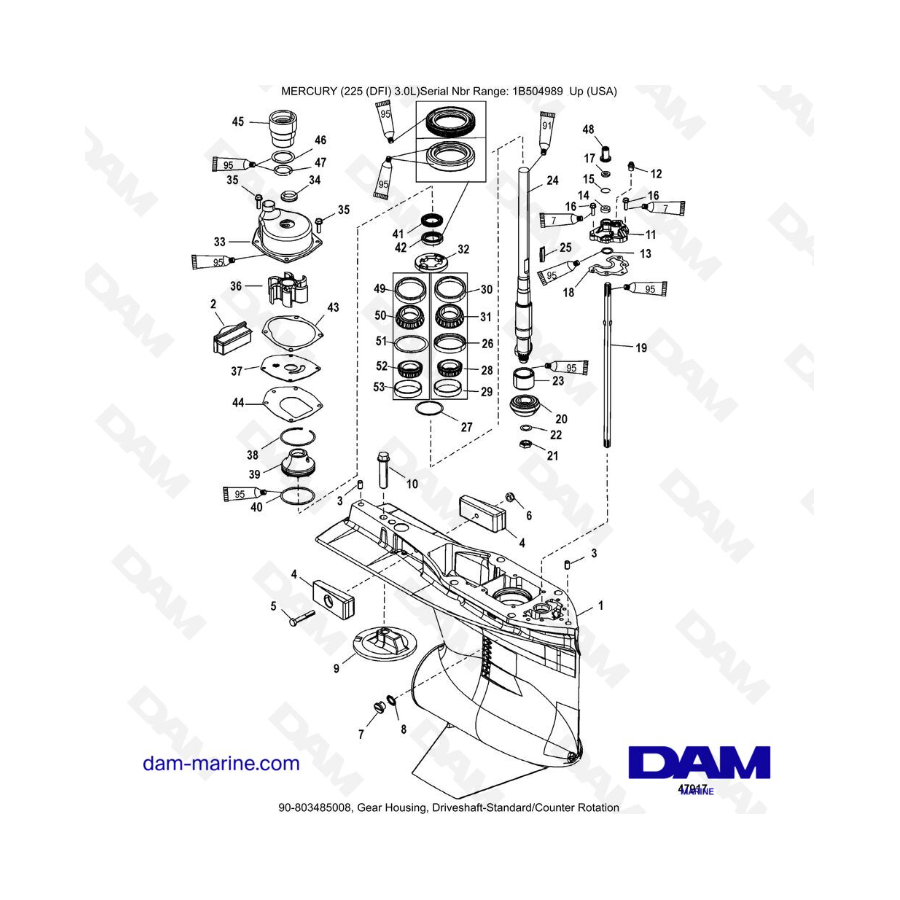 Mercury 225 DFI 3.0L - Caja de engranajes, eje de transmisión estándar/contrarrotación