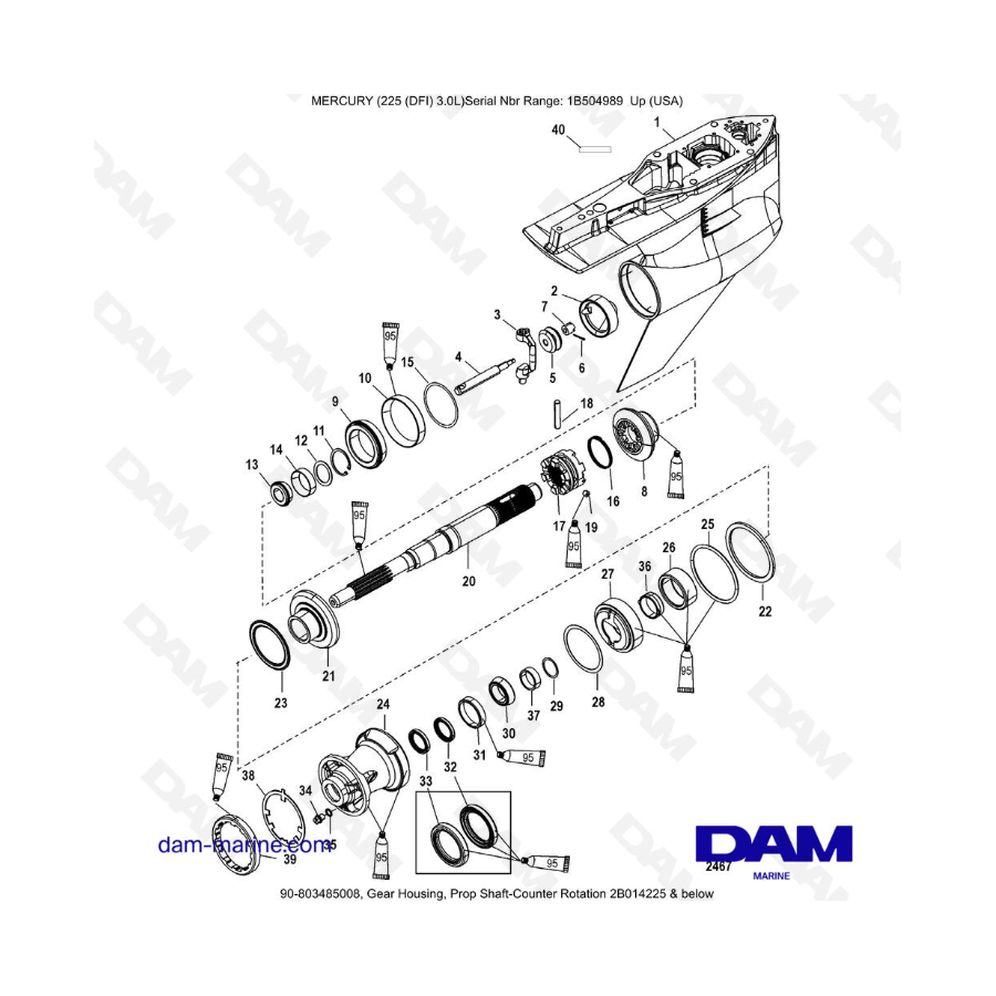 Mercury 225 DFI 3.0L - Caja de engranajes, contrarrotación del eje de propulsión 2B014225 y menos