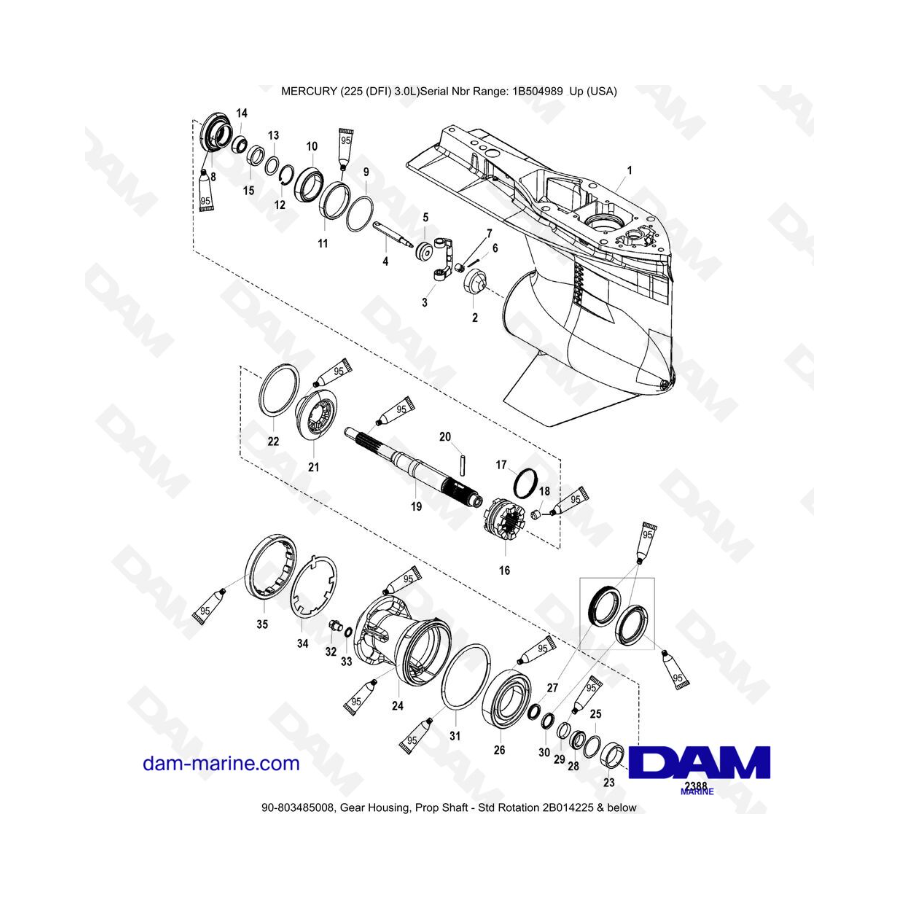 Mercury 225 DFI 3.0L - Caja de engranajes, eje de propulsión - Rotación estándar 2B014225 e inferior