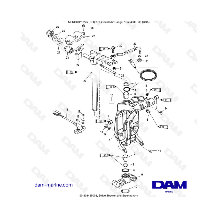 Mercury 225 DFI 3.0L - Soporte giratorio y brazo de dirección