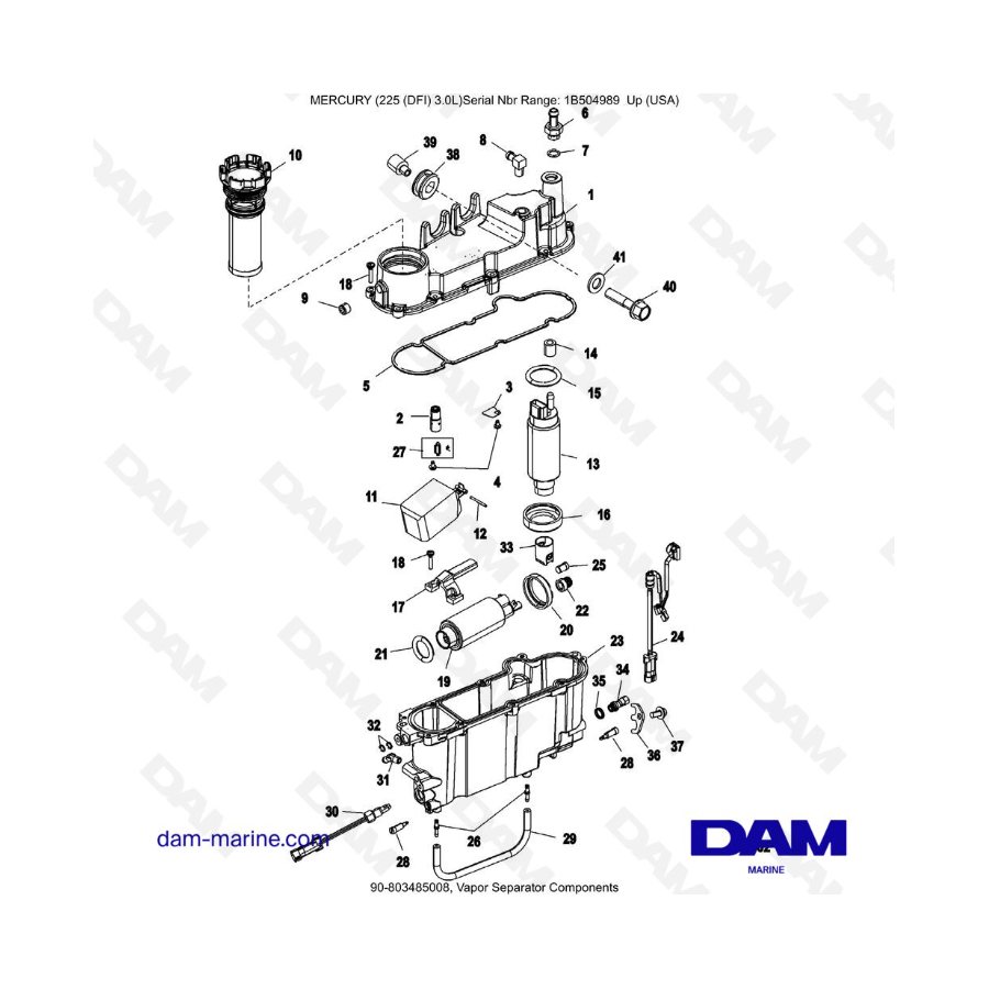 Mercury 225 DFI 3.0L - Componentes del separador de vapor