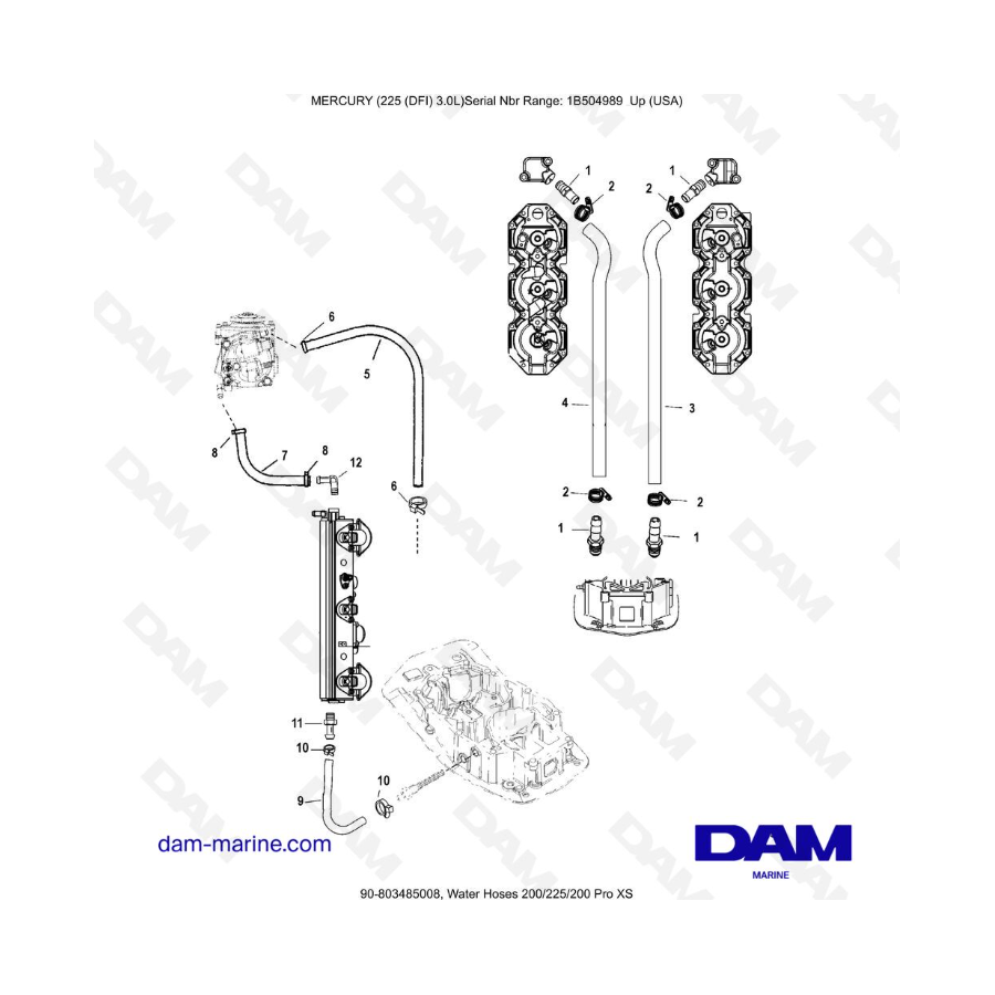 Mercury 225 DFI 3.0L - Water Hoses 200/225/200 Pro XS