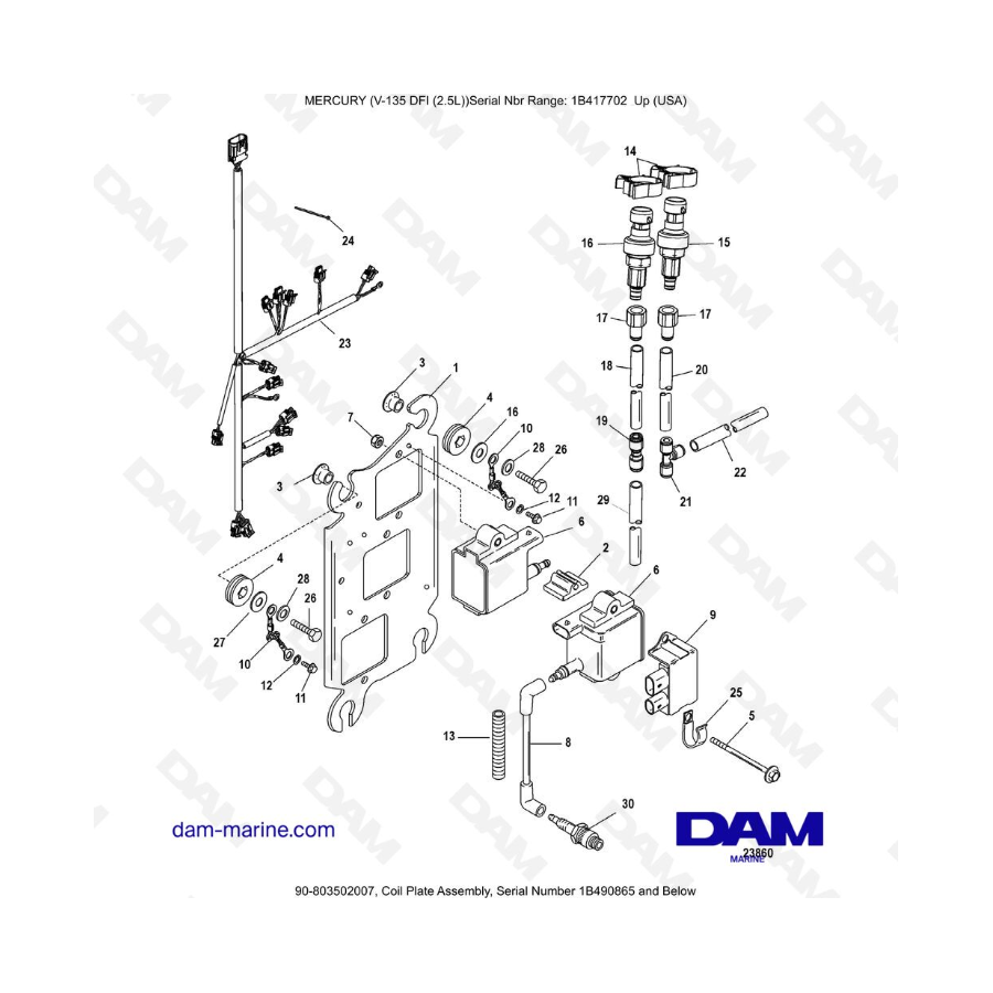 Mercury 135 DFI 2.5l - Coil Plate Assembly, Serial Number 1B490865 and Below