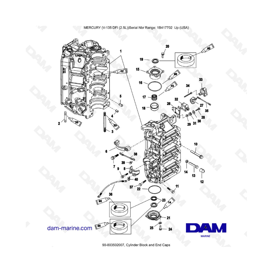 Mercury 135 DFI 2.5L - Bloque de cilindros y tapas de extremo