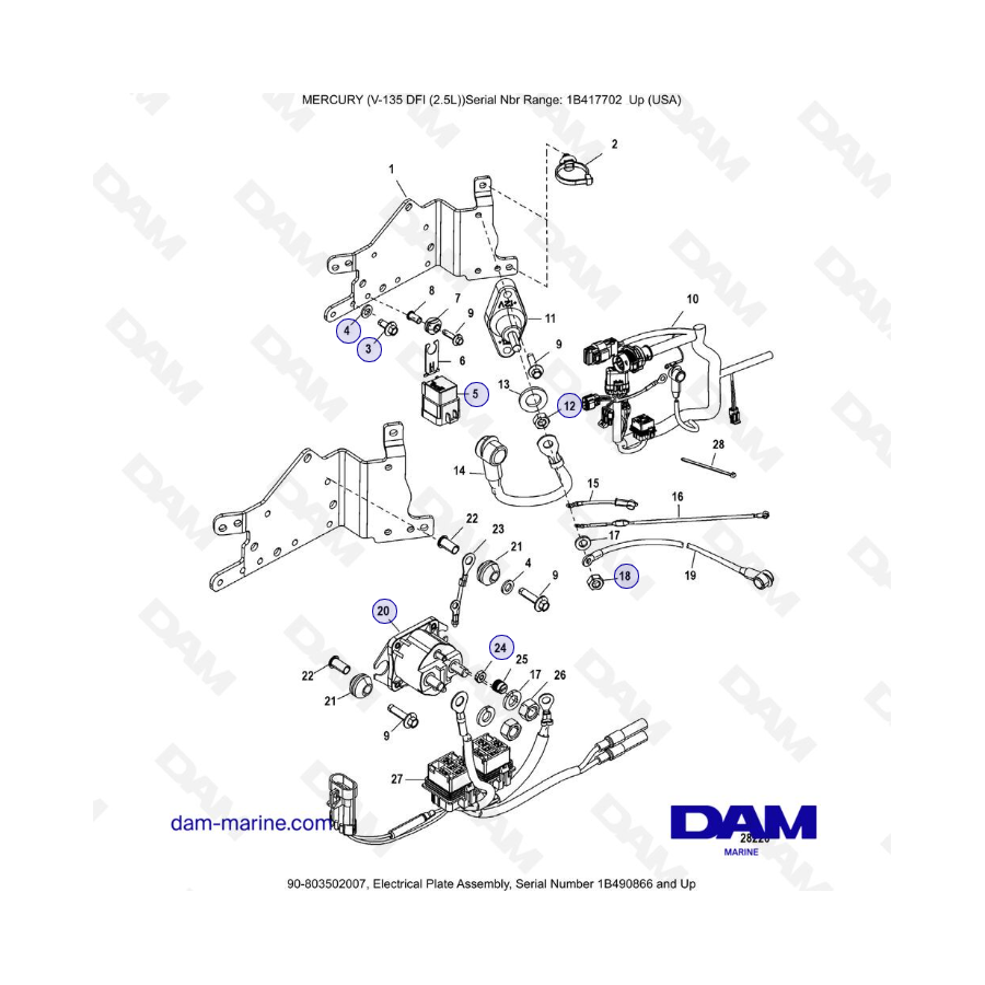 Mercury 135 DFI 2.5L - Conjunto de placa eléctrica, número de serie 1B490866 y superior