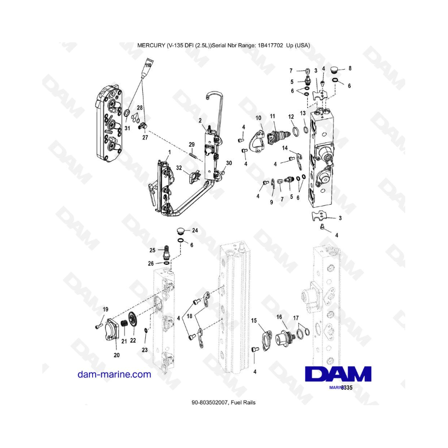 Mercury 135 DFI 2.5L -  Fuel Rails