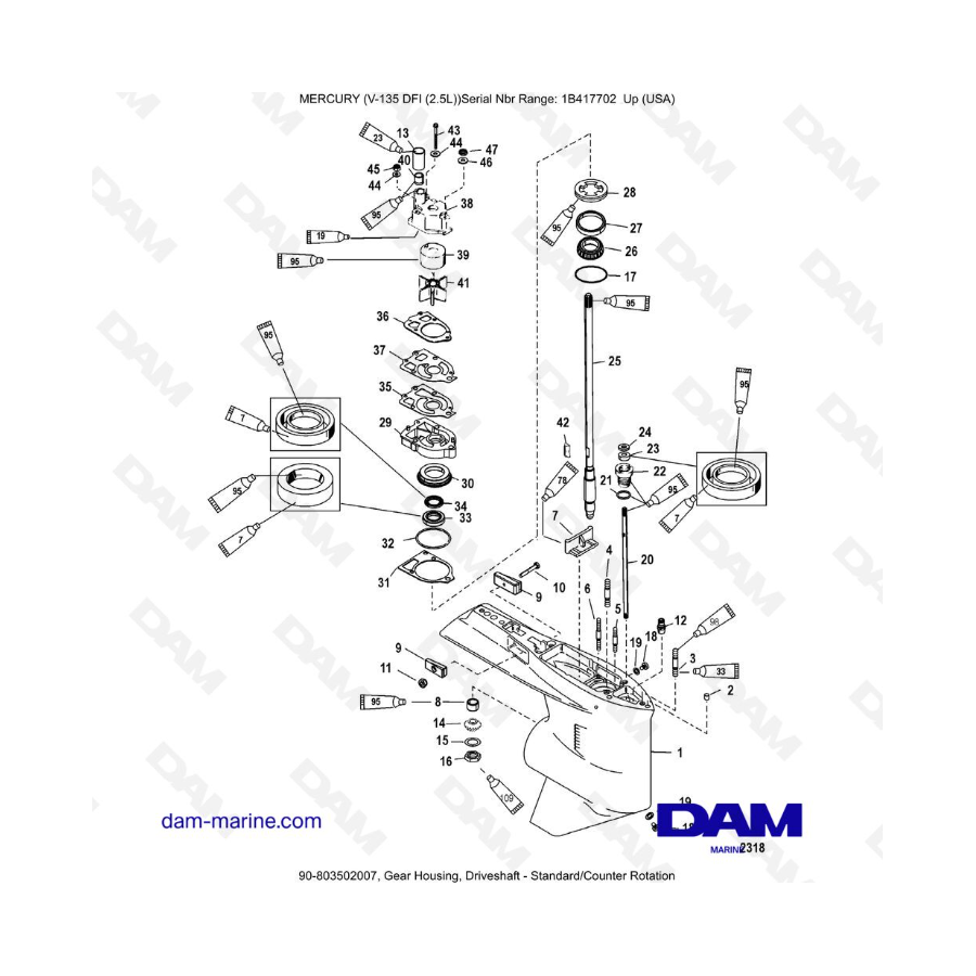 Mercury 135 DFI 2.5L - Caja de engranajes, Eje de transmisión - Rotación estándar/contraria