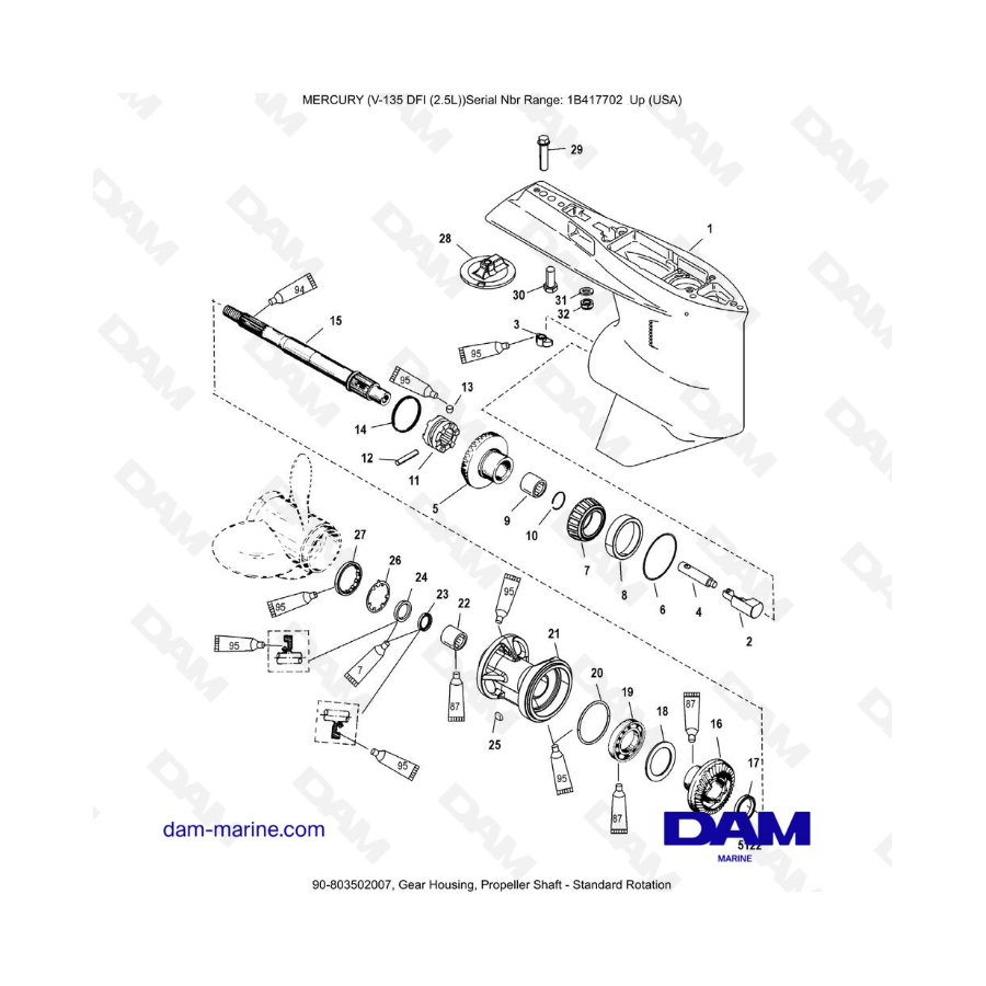 Mercury 135 DFI 2.5L - Caja de engranajes, eje de la hélice - Rotación estándar