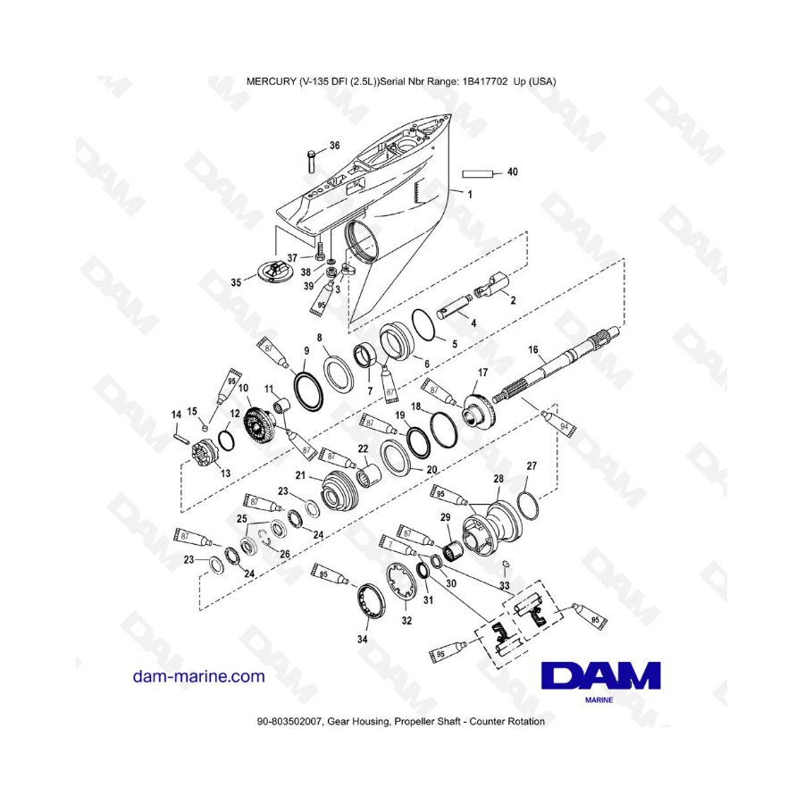 Mercury 135 DFI 2.5L - Caja de engranajes, eje de la hélice - Contrarrotación