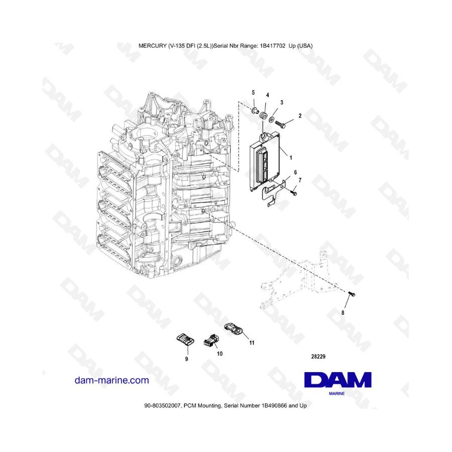 Mercury 135 DFI 2.5L - Montaje PCM, número de serie 1B490866 y superior