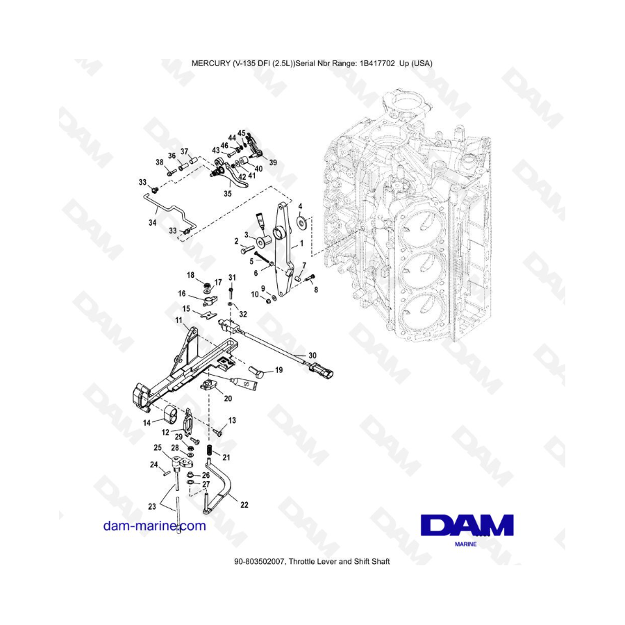 Mercury 135 DFI 2.5L - Palanca del acelerador y eje de cambio