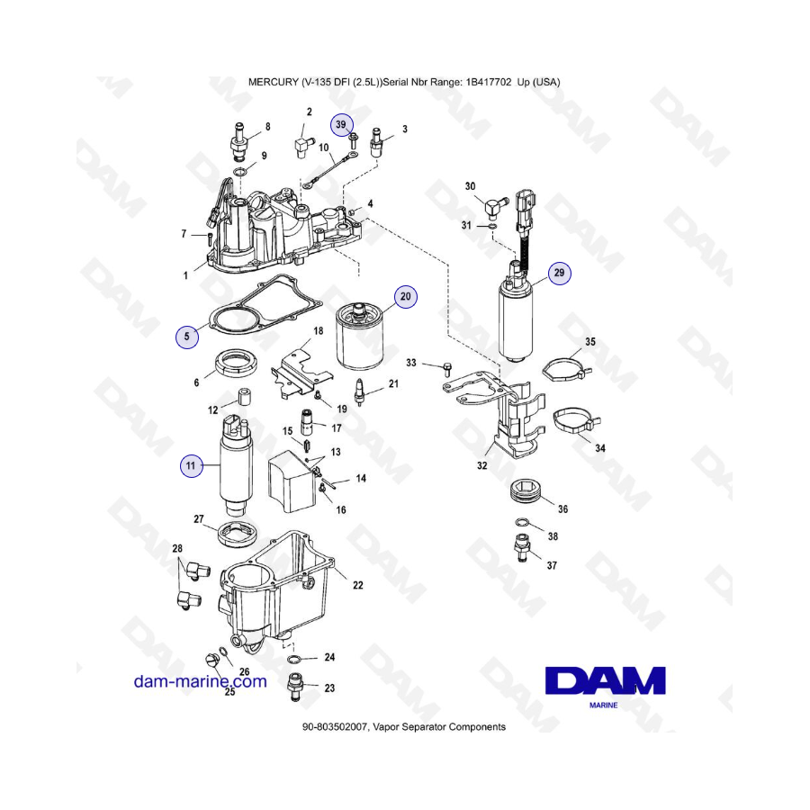 Mercury 135 DFI 2.5L - Componentes del separador de vapor