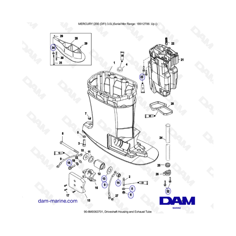 Mercury 200 DFI 3.0L - Caja del eje de transmisión y tubo de escape