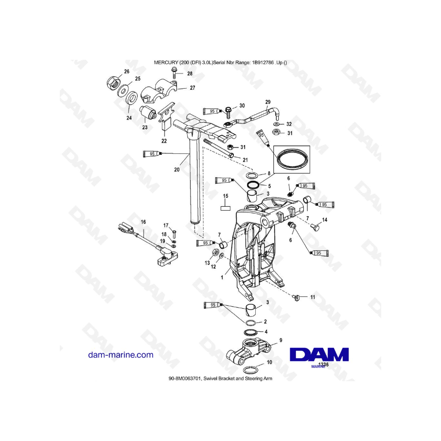 Mercury 200 DFI 3.0L - Soporte giratorio y brazo de dirección