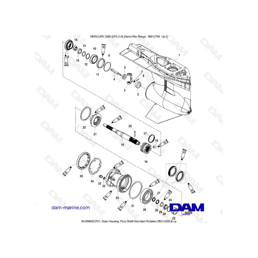 Mercury 200 DFI 3.0L - Caja de engranajes, eje de propulsión - Rotación estándar 2B014225 y más abajo