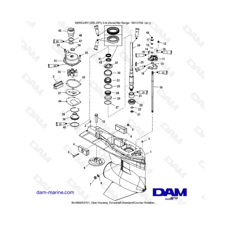 Mercury 200 DFI 3.0L - Caja de engranajes, eje de transmisión estándar/contrarrotación