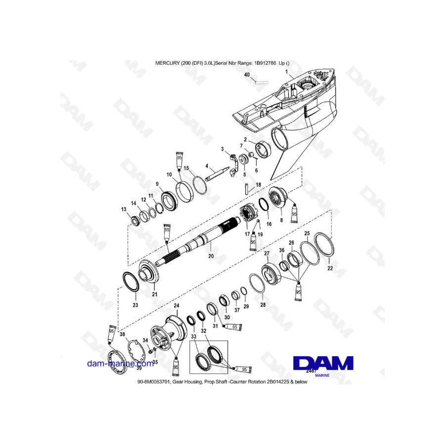 Mercury 200 DFI 3.0L - Caja de engranajes, eje de propulsión - Contrarrotación 2B014225 y más abajo