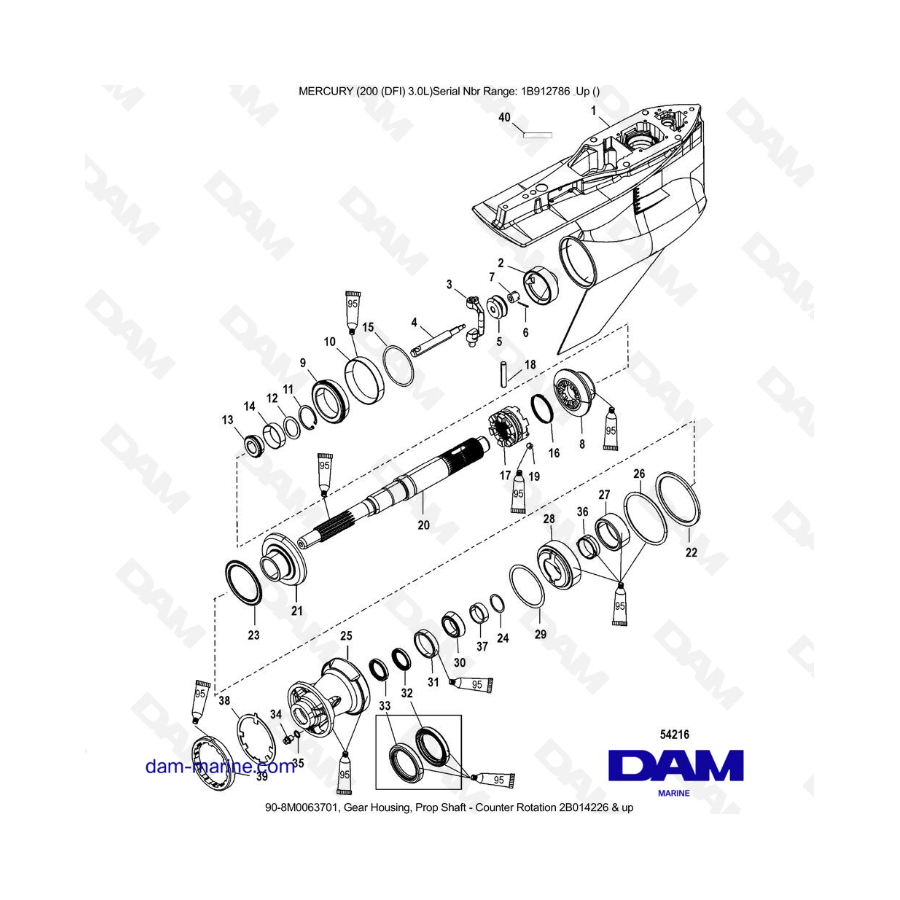 Mercury 200 DFI 3.0L - Caja de engranajes, eje de propulsión - Contrarrotación 2B014226 y posteriores