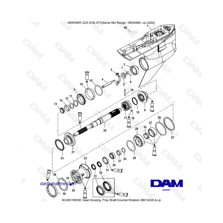 Mercury Mariner 225 EFI - Caja de engranajes, rotación del contador del eje de propulsión 2B014226 y más