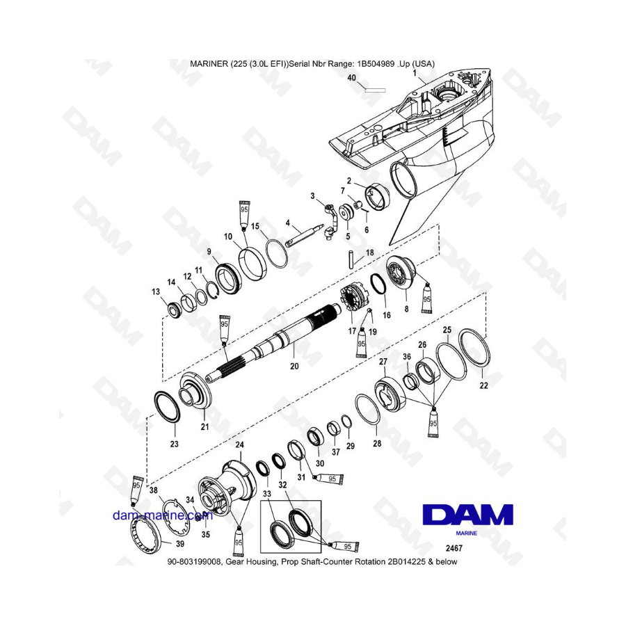 Mercury Mariner 225 EFI - Caja de engranajes, rotación del contador del eje de propulsión 2B014225 y más abajo