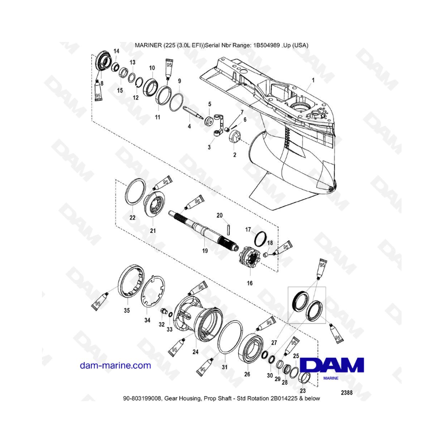 Mercury Mariner 225 EFI - Caja de engranajes, eje de propulsión - Rotación estándar 2B014225 y más abajo