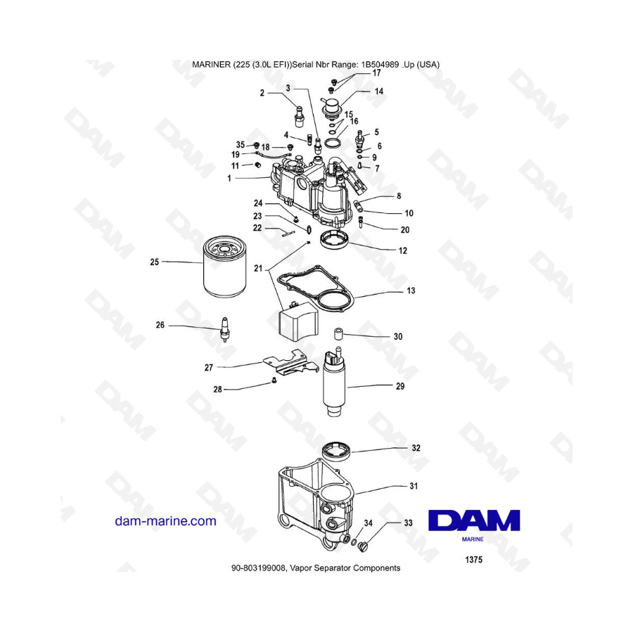 Mercury Mariner 225 EFI - Componentes del separador de vapor