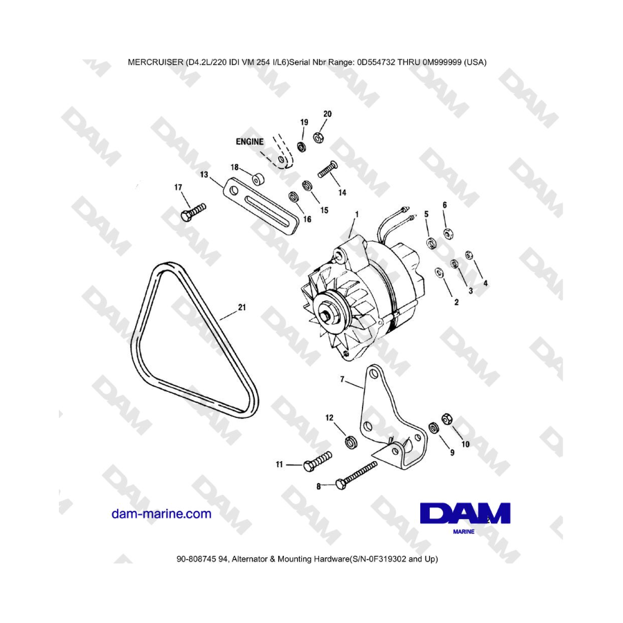 Mercruiser 4.2L 220 IDI - Alternador y accesorios de montaje (S/N-0F319302 y posteriores)