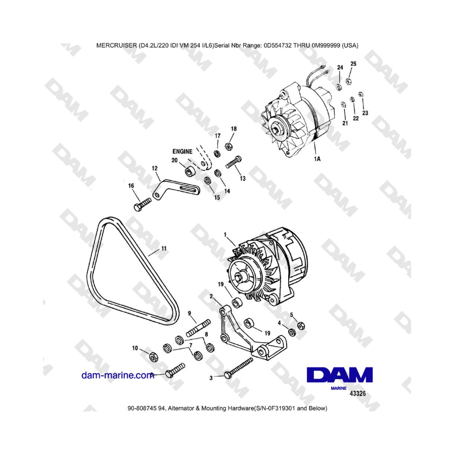 Mercruiser 4.2L 220 IDI - Alternador y accesorios de montaje (S/N-0F319301 e inferiores)