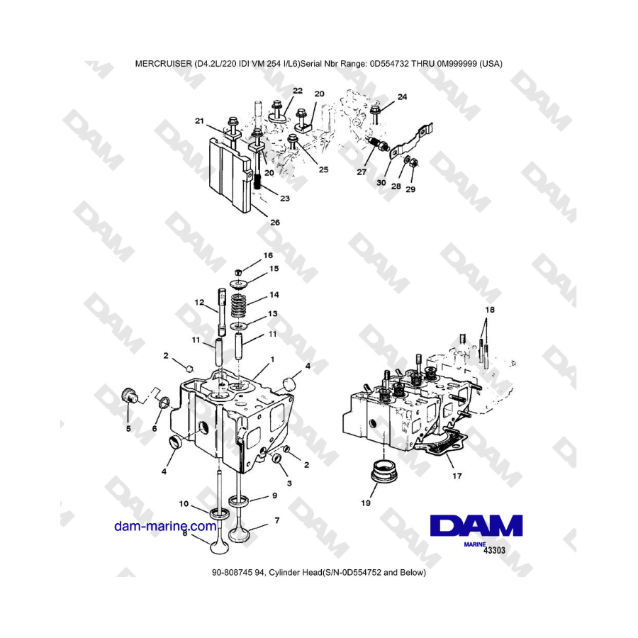 Mercruiser 4.2L 220 IDI - Cylinder Head(S/N-0D554752 and Below)