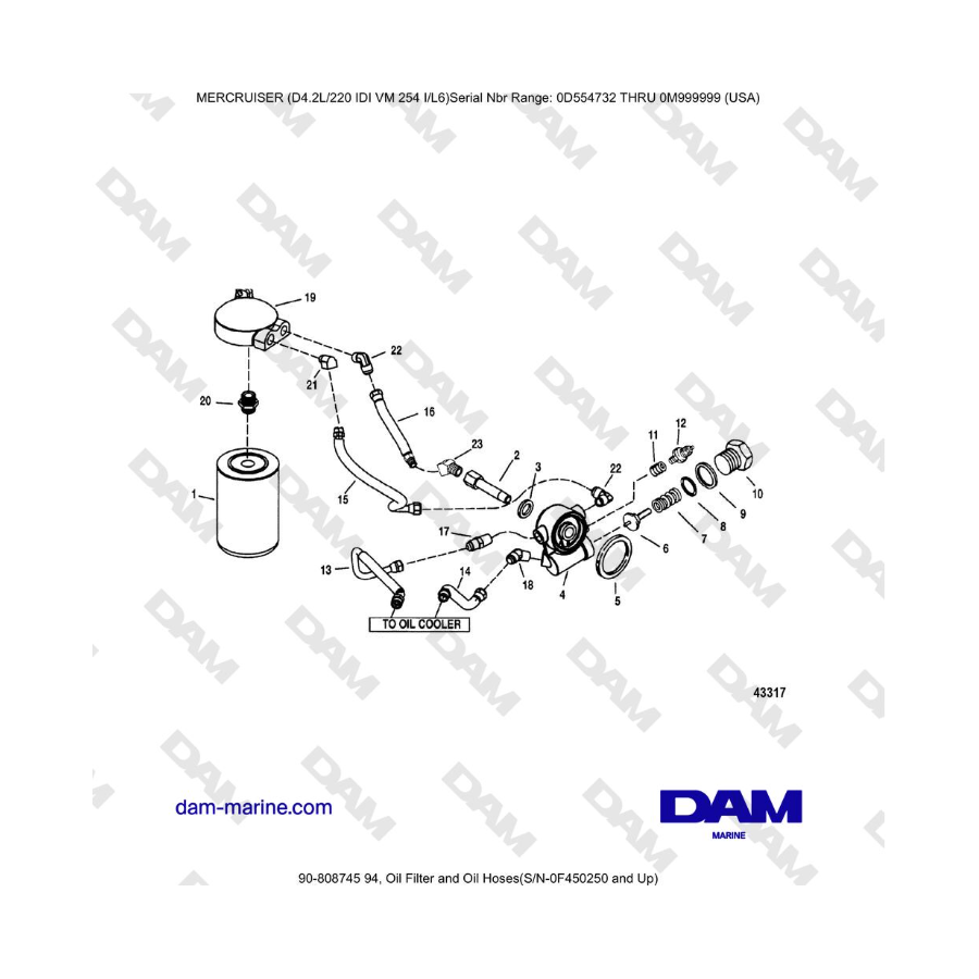 Mercruiser 4.2L 220 IDI - Filtro de aceite y mangueras de aceite (S/N-0F450250 y posteriores)