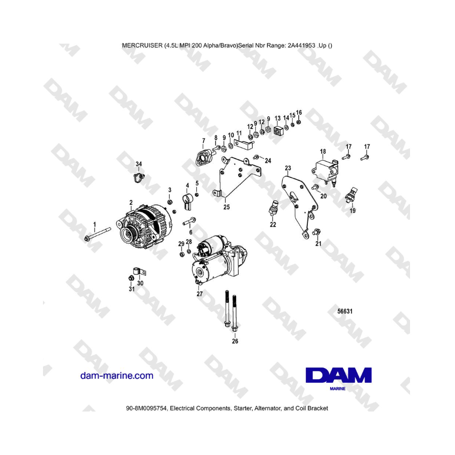 Mercruiser 4.5L MPI - Electrical Components, Starter, Alternator, and Coil Bracket