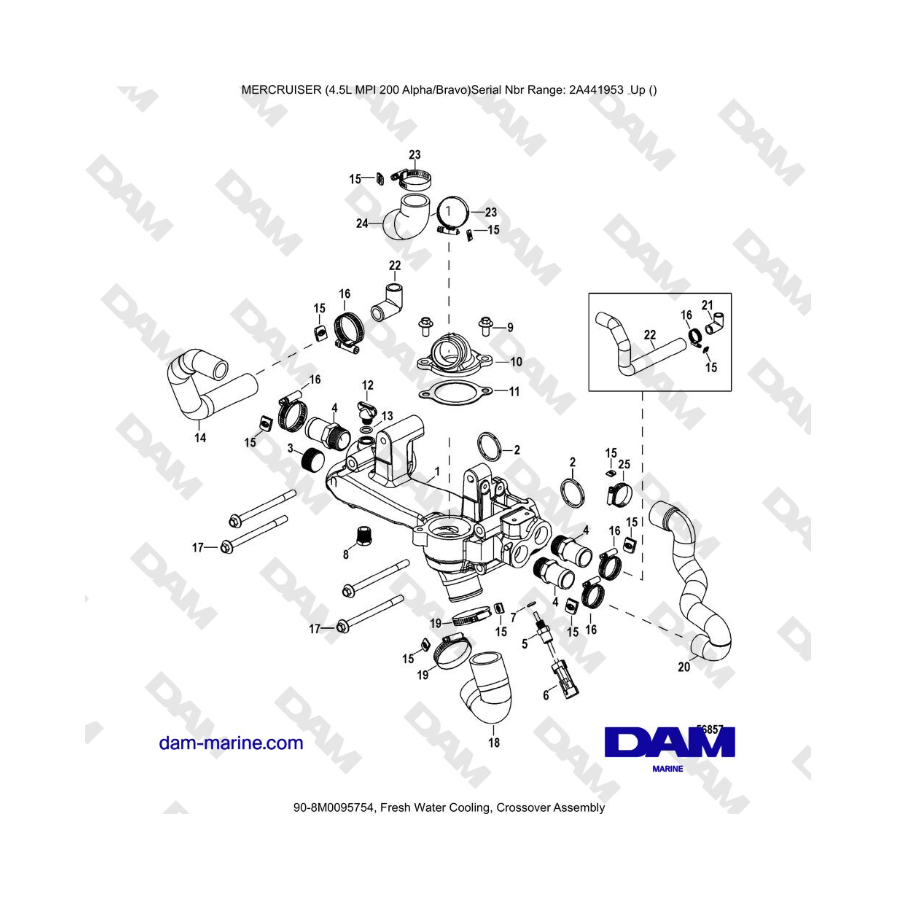 Mercruiser 4.5L MPI - Enfriamiento de agua dulce, ensamblaje cruzado